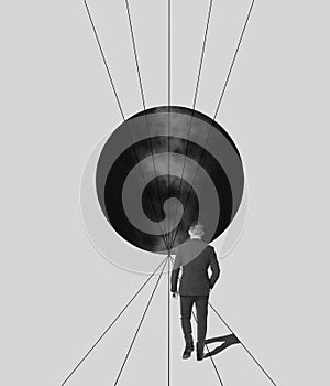Contemporary art collage. Creative design. Motivated man, employee on way to black hole symbolizing taking professional