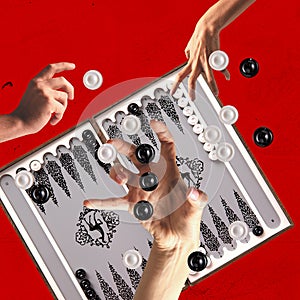 Contemporary art collage. Creative design. Popular game of backgammon. Online gambling games