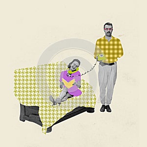 Contemporary art collage. Creative design in retro style. Woman cheerfully sitting on sofa and talking on phone that man