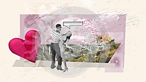 Contemporary art collage. Creative design. Romantic date. Beautiful young couple, happy man and woman dancing