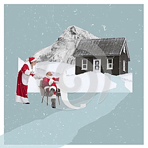 Contemporary art collage. Creative design. Senior couple, Mr and Mrs Claus reading childrens' letters near house in