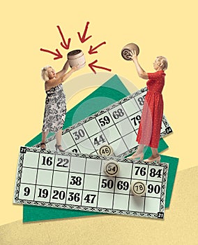 Contemporary art collage. Creative design. Senior ladies, women playing lotto, bingo