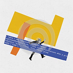 Contemporary art collage. Creative design. Senior man, IT department supervisor running. Project launching. Website