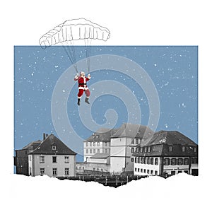 Contemporary art collage. Creative design. Senior man, Santa flying on parachute around small city on holiday eve