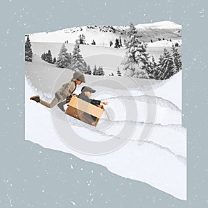 Contemporary art collage. Creative design. Two little boys, children playing together, sliding down the snowy hill in