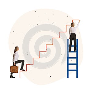 Contemporary art collage. Creative design. Two women, employees working on ladder of success