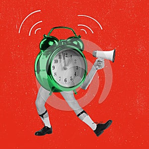 Contemporary art collage. Creative design. Wake Up. Vintage alarm on male legs with megaphone over red background. It is