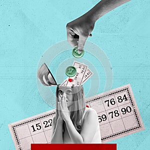 Contemporary art collage. Creative design. Young emotive woman playing lotto, bingo. Online gaming