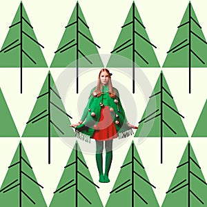 Contemporary art collage. Creative design. Young girl wearing costume of Christmas tree. Carnival. Concept of winter