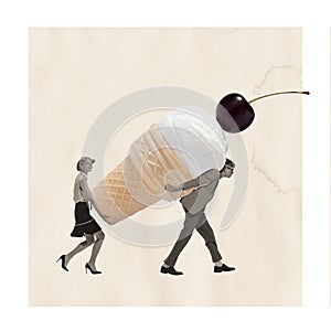 Contemporary art collage. Creative design with young man and woman carrying giant ice cream. Sweet date