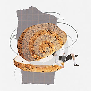 Contemporary art collage. Creative design with young stylish man lying inside bagel. Breakfast time