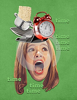 Contemporary art collage. Creative design. Young woman having many domestic duties to be done. Lack of time