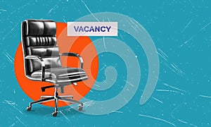 Contemporary art collage depicting an empty office chair and a vacant signâ€”symbol of job openings, job offers, career
