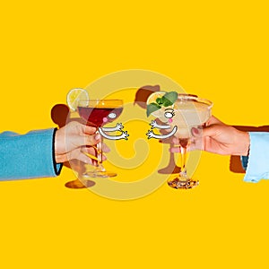 Contemporary art collage with drawings. Female hands holding glass with cocktails  on bright yellow background