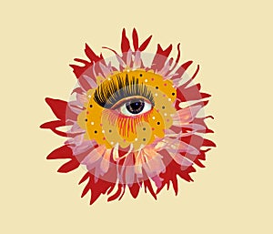 Contemporary art collage. Eyeball in flower. Modern conceptual art poster with a lotus with beautiful blue eye in a mas photo