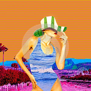 Contemporary art collage. Fashion Beach Lady. Vacation style photo
