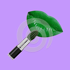 Contemporary art collage. Female green lips with lipstick isolated over purple background