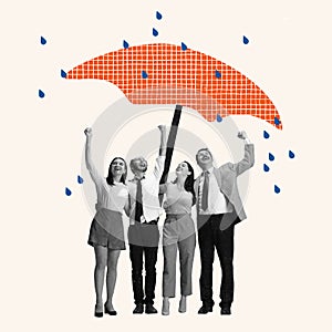 Contemporary art collage. Group of people, employees standing under umbrella