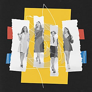 Contemporary art collage. Group of young women, friends walking together. Single women spending time together