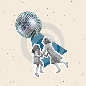 Contemporary art collage. Happy, cheerful girls, children having fun, playing, dancing under disco ball isolated over