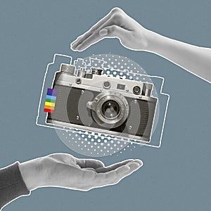 Contemporary art collage. Human hands holding retro camera isolated over blue backgroud. LGBTQIA support