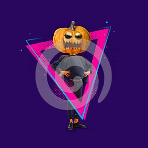 Contemporary art collage. Ideas, inspiration, magic. Young man headed of Halloween pumpkin on purple background. Concept