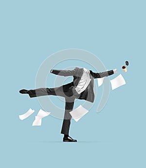 Contemporary art collage with invisible man, ballet dancer wearing business style suit jumping, dancing on light