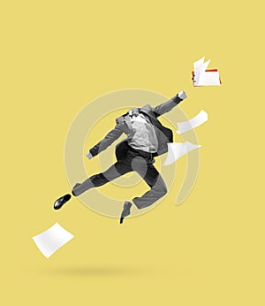Contemporary art collage with invisible man, ballet dancer wearing business style suit jumping, dancing on yellow