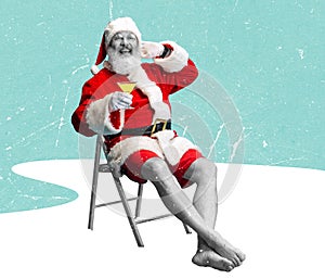 Contemporary art collage of joyful Santa drinking cockail and sitting isolated over frosty, snowy background