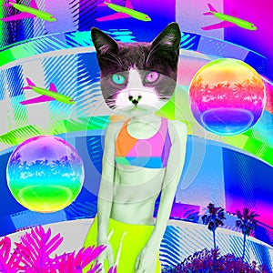 Contemporary art collage. Kitty Beach Mood. Zine culture concept