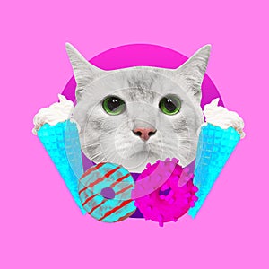 Contemporary art collage. Kitty candy lover. Cat's head with donuts and ice cream over pink background. Funny fast