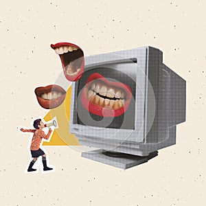 Contemporary art collage. Little boy, child shouting in megaphone on retro TV set symbolizing try to reach to