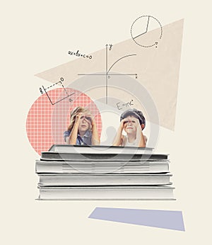 Contemporary art collage. Little boy and girl, pupils learning mathematics, lying on books