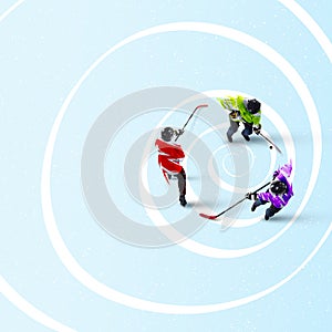 Contemporary art collage of little children, hockey players in uniform isolated over light background. Winter sports