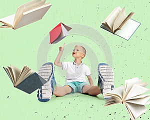 Contemporary art collage of little curious boy, child sitting around flying books isolated over green background