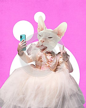 Contemporary art collage. Little princess with cat& x27;s face takes selfie on smartphone against pink background.