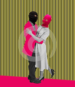 Contemporary art collage. Loving couple in retro costumes with balaclavas dancing isolated over colorful background photo