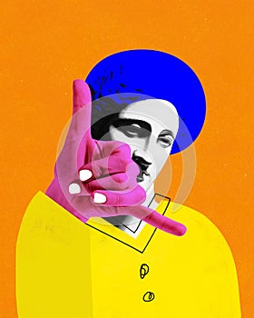 Contemporary art collage with male face talking via phone over orange color background. Creative artwork. Shaka hand