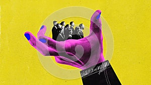 Contemporary art collage with male hand holding group of people, team over yellow color background. Creative artwork