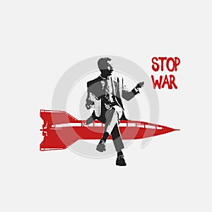 Contemporary art collage. Man in official suit with newspaper sitting on rocket and claiming to stop war. Concept of