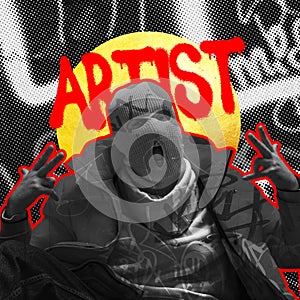 Contemporary art collage. Man wearing balaclava isolated over gray background with colorful lettering. Street graffiti