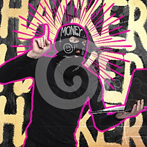 Contemporary art collage. Man wearing black balaclava isolated over gray background with lettering. Professional hacker