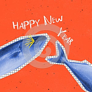 Contemporary art collage. Modern design for greeting card. Concept of Merry Christmas, 2022 New Year. Blue fish congrats