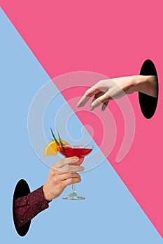 Contemporary art collage, modern design. Party mood. Bright colored hand giving tasty cocktail