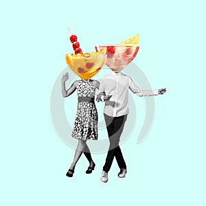 Contemporary art collage, modern design. Retro style. Couple of dancers headed with cocktails insted heads on blue