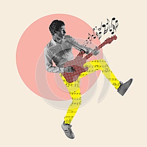 Contemporary art collage, modern design. Retro style. Stylish performer playing guitar on pastel color background