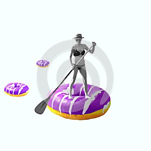 Contemporary art collage, modern design. Summer mood. Woman swimming on big purple donut like on kayak on white