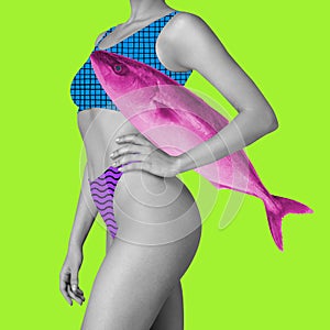 Contemporary art collage, modern design. Summer time mood. Beautiful female body isolated on bright trendy background.
