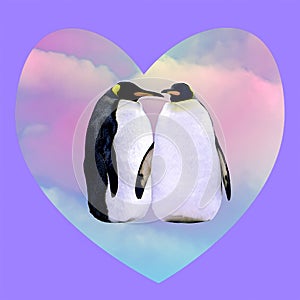 Contemporary art collage. Penguins love. Minimal animal fun concept