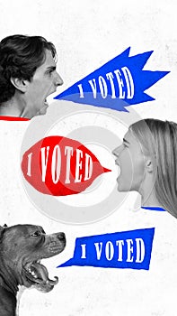 Contemporary art collage. people and one dog loudly shouting in speech bubbles that they already voted. Concept of photo